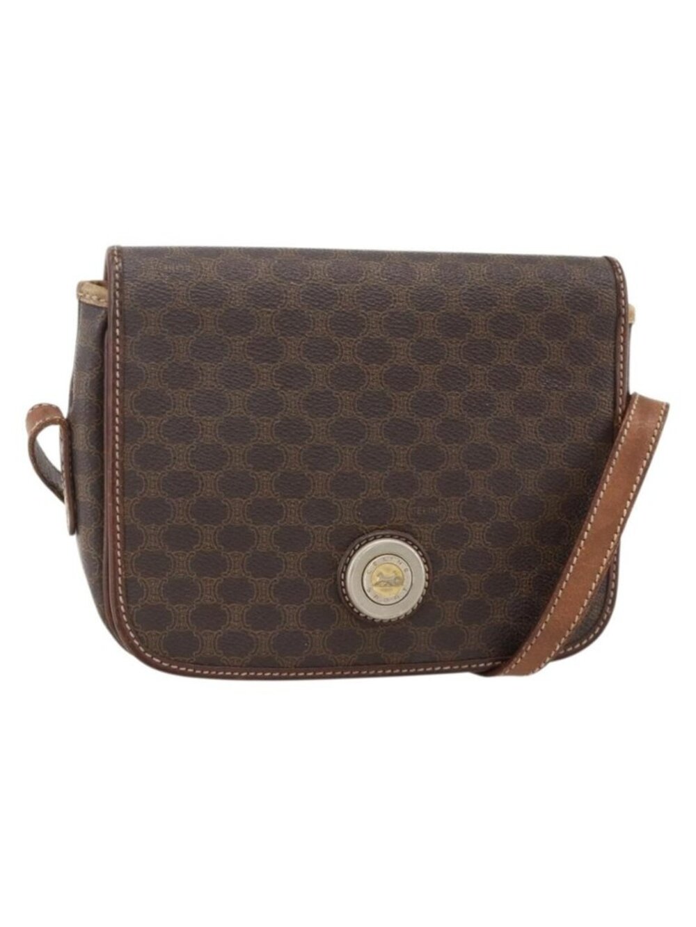 Authentic CELINE Macadam Canvas Horse Carriage Bag PVC Leather Brown Gold